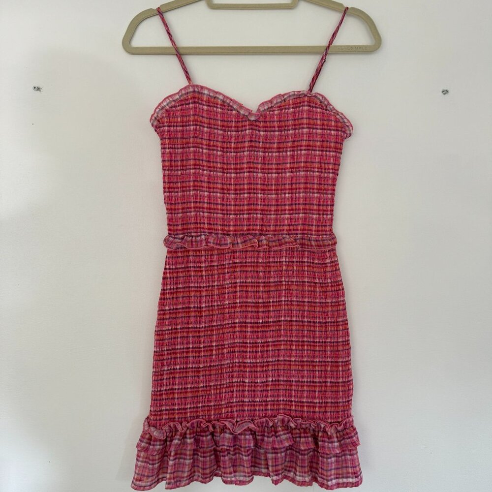 Aqua Smocked Mini Dress Pink Gingham size S